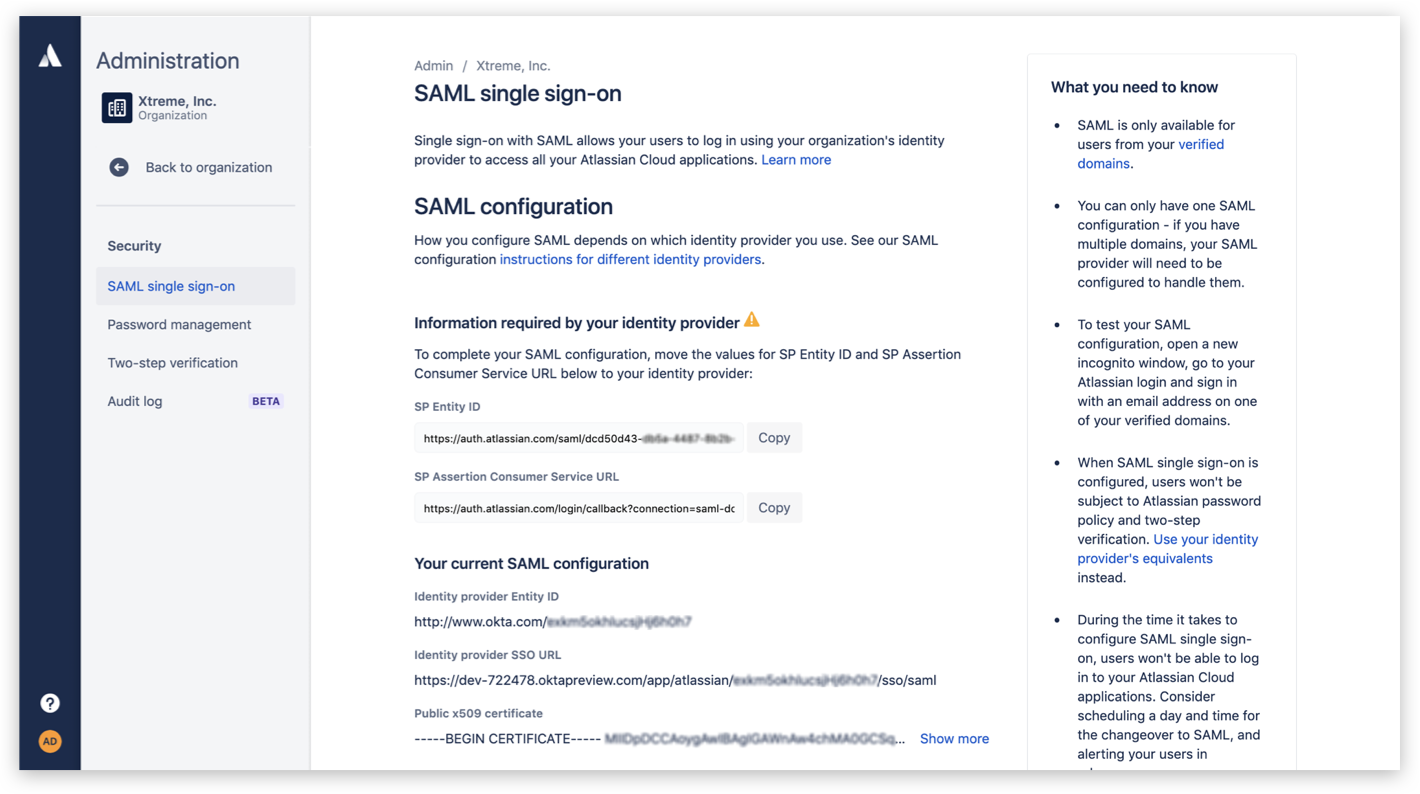 SAML single sign-on screen